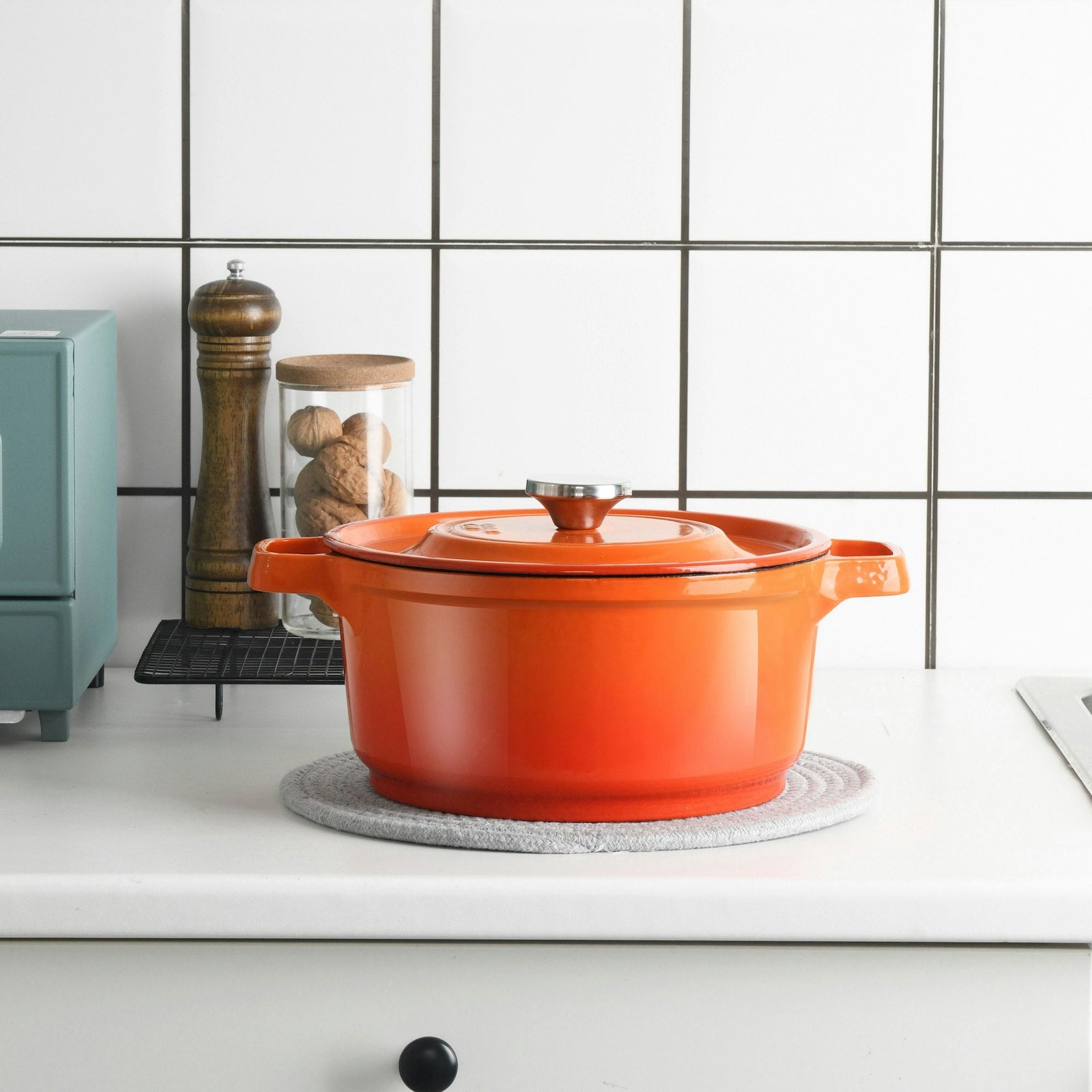 Orange enamel cast iron pot